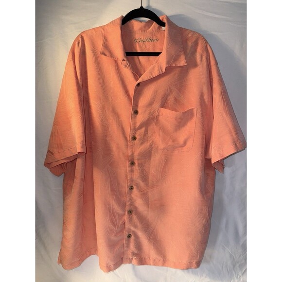 Caribbean Men’s Short Sleeve Modal PolyesterButton Down, Sz 3XB, Hawaiian, Peach - Picture 1 of 10